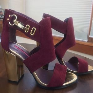 Burgundy and gold block heel